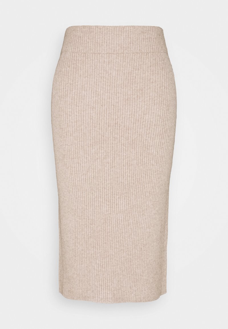 Jupe crayon droite en maille côtelée beige avec taille élastique, longueur genou, design sans couture.