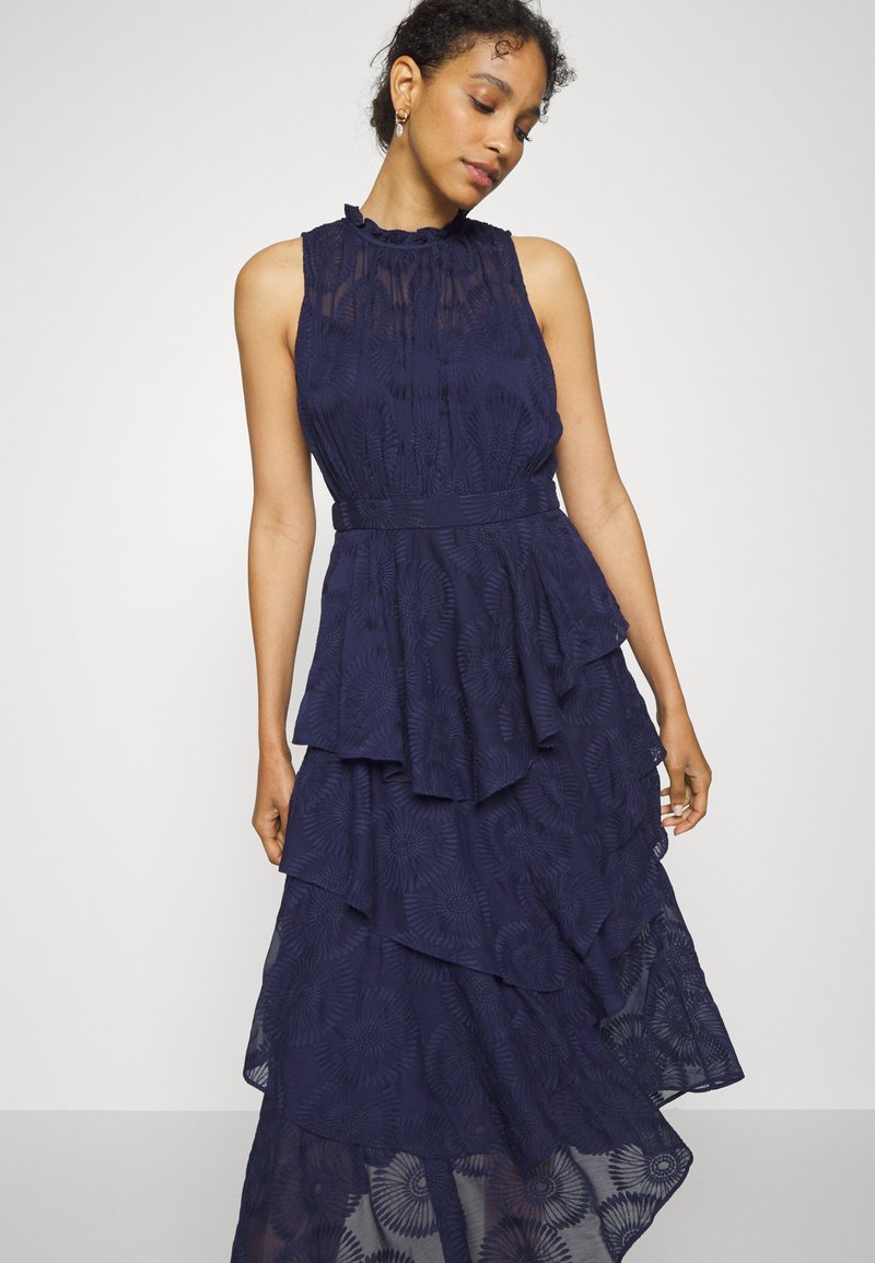 floryah embroidered midi dress with tiered skirt