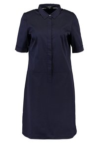 Abito blu navy a maniche corte con colletto e pattina frontale a bottoni invisibili, lunghezza al ginocchio, taglio dritto.