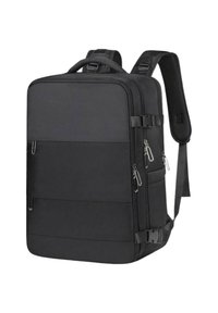 Zaino rettangolare nero con spallacci imbottiti, svariati scomparti con zip, fibbie laterali e maniglia superiore per il trasporto.