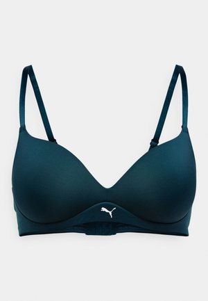Reggiseno sportivo teal con texture liscia, design a coppa a V, spalline in raso regolabili e un accento con logo bianco sulla fascia anteriore.