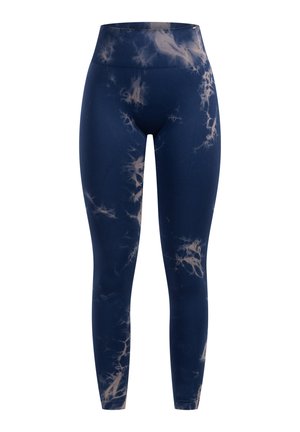 Leggings bleu marine avec un motif tie-dye aux accents plus clairs, taille haute et tissu extensible pour le confort et le mouvement.