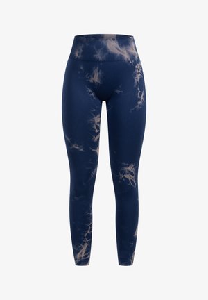 Marineblauwe legging met een tie-dye patroon met lichtere accenten, hoge tailleband en rekbare stof voor comfort en beweging.