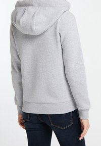 Felpa grigia con cappuccio, realizzata in materiale morbido. Presenta una vita e polsini aderenti, con una texture liscia e senza motivi visibili.