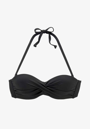 Schwarzes Bikini-Oberteil mit einem verdrehten Frontdesign, Halterneck-Bindungen, weichem Textilgewebe und nahtlosen Kanten. Verstellbare Träger für eine optimale Passform.