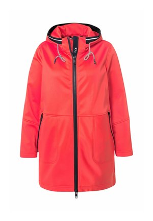 Punainen vedenpitävä takki huppulla, jossa on täysi etuvetoketju, kiristysnyörit ja kaksi sivutaskua. Sileä materiaali ja rento istuvuus.