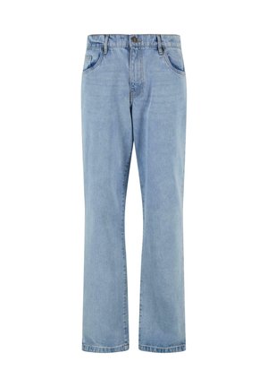 Hellblaue Straight-Leg-Denim-Jeans mit Vordertaschen, Gürtelschlaufen und Knopfverschluss auf weißem Hintergrund.