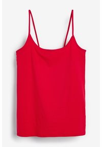 Haut caraco rouge sans manches avec fines bretelles, en tissu doux, présentant un design simple et un ourlet droit.