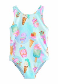 Kostium kąpielowy z jasnoniebieskiego materiału ozdobionego kolorowymi wzorami lodów i lizaków, zaprojektowany z dekoltem w kształcie łódki i bez rękawów.