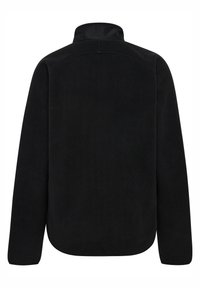 Giacca di pile nera con colletto alto, maniche lunghe e una texture morbida. Orlo arrotondato e design minimale senza hardware visibile.