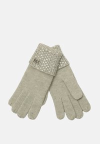 Guantes de punto grises con un puño texturizado que presenta un patrón tejido y acentos metálicos, incluyendo un detalle del logotipo en el puño.