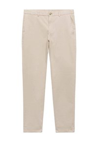 Chinos en coton beige avec une fermeture à boutons, une coupe droite, deux poches latérales et une texture lisse, offrant un look classique.