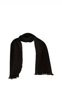 Écharpe noire avec une surface douce et texturée et des bords à franges. Présente un motif chevron subtil, un design léger et polyvalent.