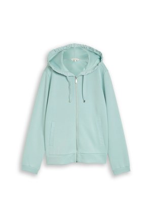 Hellblauer Kapuzenpullover mit Reißverschluss, Fronttaschen und Kordelzügen an der Kapuze, auf weißem Hintergrund dargestellt.