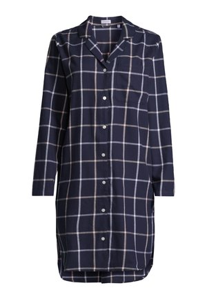 Langärmliges, navyblaues Hemdkleid mit weißem und beigem Fensterpaneel-Muster, durchgehender Knopfleiste, Kragen und Brusttasche.