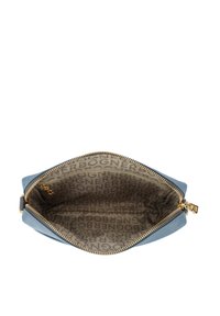 Light blue leather handbag with a gold zipper, featuring a beige interior lining printed with the brand name in a repeating pattern.