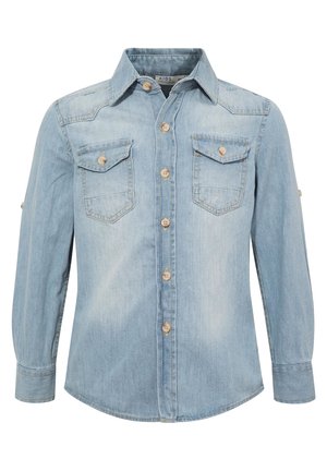 Jasnoniebieska jeansowa koszula z długim rękawem dla dzieci, z zapięciem na guziki z przodu, dwoma kieszeniami na piersi zapinanymi na guziki oraz klasycznym kołnierzem.