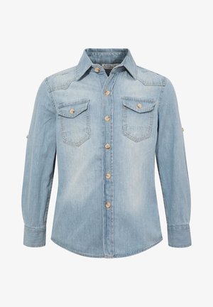 Jasnoniebieska jeansowa koszula z długim rękawem dla dzieci, z zapięciem na guziki z przodu, dwoma kieszeniami na piersi zapinanymi na guziki oraz klasycznym kołnierzem.