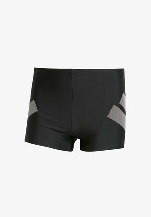 Zwarte zwemshorts van glad, elastisch materiaal met grijze diagonale strepen aan de zijkanten. Klassiek boxy model met een aansluitende taille.
