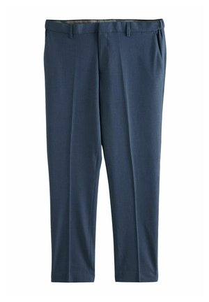 Marineblaue Hose aus glattem Stoff, mit flachem Vorderteil, Gürtelschlaufen und Seitentaschen. Gerades Bein-Design ohne sichtbare Muster.