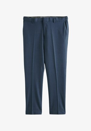 Mørkeblå bukser lavet af glat stof, med flad front, bæltestropper og sidelommer. Lige ben design uden synlige mønstre.