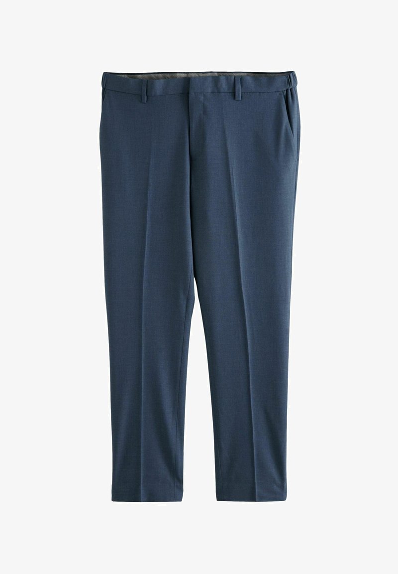 Marineblauwe broek van gladde stof, met een vlakke voorkant, riemlussen en zijzakken. Recht model zonder zichtbare patronen.