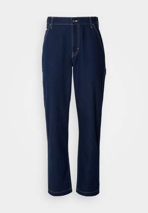 Dark blue denim pants with a straight fit, reinforced seams, and side pockets. Features a button closure and a slight texture.