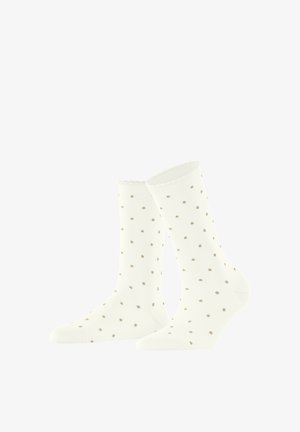 Weiße Kniestrümpfe mit kleinen beigen Polka-Dots und gewellten Rändern, nebeneinander auf einem einfarbigen Hintergrund präsentiert.