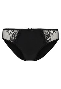 Bas de bikini noir avec dentelle sur les côtés, orné de motifs floraux. Un petit nœud en satin est centré à l'avant de la taille.