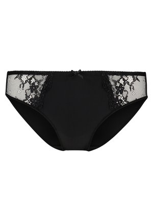 Zwarte bikini onderkant met kantafwerking aan de zijkanten, gevoerd met bloemmotieven. Een klein satijnen strikje is gecentreerd aan de voorkant van de tailleband.