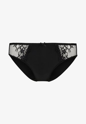 Schwarzer Bikini-Höschen mit Häkelspitze an den Seiten, verziert mit Blumenmustern. Eine kleine Satinschleife ist in der Mitte des vorderen Bundes platziert.