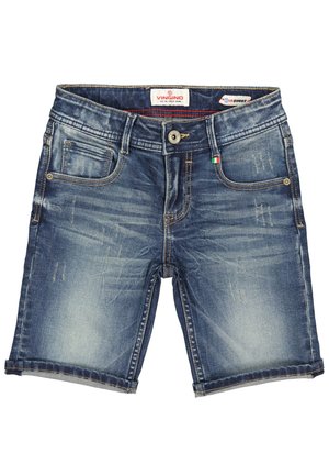 Blå denimshorts med falmede og slidte detaljer, forreste knap og lommer, foldet kant og Vingino mærke inde i linningen.