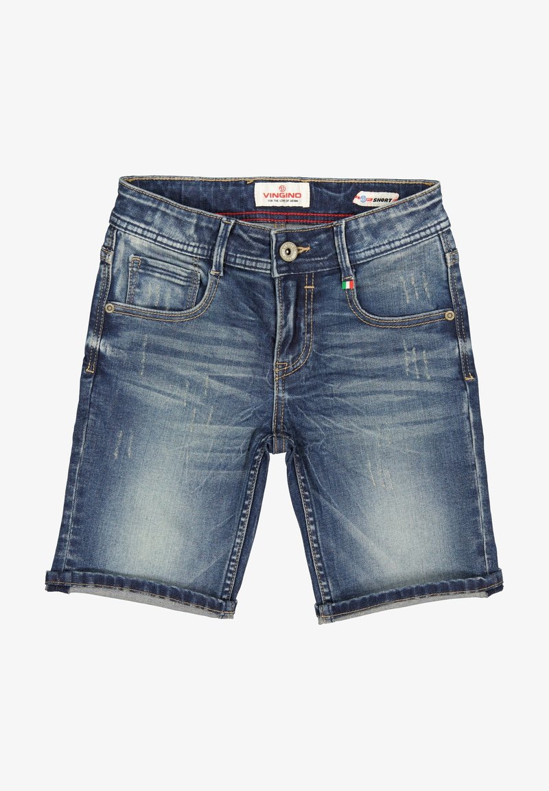 Shorts en denim bleu avec détails délavés et usés, bouton à l'avant et poches, ourlet replié, et étiquette de la marque Vingino à l'intérieur de la ceinture.