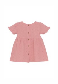 Pink cotton dress featuring short ruffled sleeves, a button closure at the back, and embroidered floral patterns throughout the fabric.