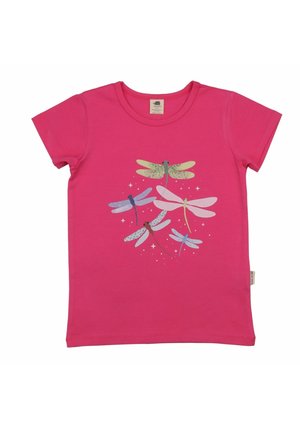 Bright pink short-sleeve t-shirt with colorful dragonfly illustrations arranged in a circular pattern on the front.