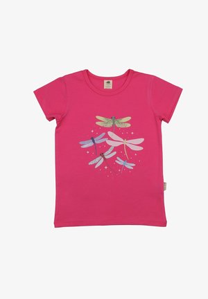 Bright pink short-sleeve t-shirt with colorful dragonfly illustrations arranged in a circular pattern on the front.