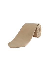 Šviesiai rudos spalvos kaklaraištis, pagamintas iš tekstūruoto audinio, turi smailą galiuką ir suktas į spiralę. Paprastas dizainas su subtiliu raštu.