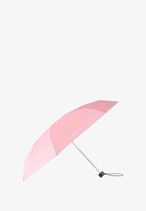 Parapluie rose compact avec tige métallique et poignée noire, partiellement ouvert avec une dragonne attachée.