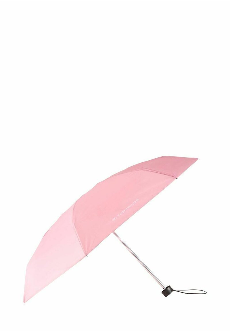 Compact roze paraplu met metalen steel en zwart handvat, half open met polsbandje bevestigd.