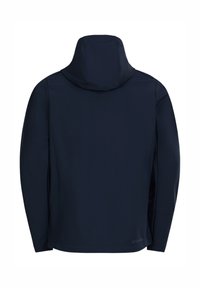 Giacca blu navy realizzata in tessuto liscio e leggero. Presenta un cappuccio, maniche lunghe e un design minimalista senza hardware visibile.
