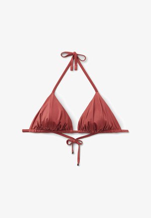 Triangle bikini top in a dusty rose color, made from smooth fabric with gathered texture. Features adjustable ties at the neck and back.
