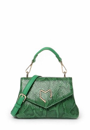Borsa verde con motivo a stampa rettile testurizzato, accessori in oro, manico superiore e tracolla regolabile.