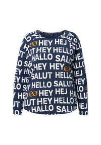 Námořnická modrá košile s dlouhým rukávem, na které jsou bílé nápisy "AHOJ," "HELLO" a "SALUT," doplněné oranžovým symbolem nekonečna. Měkká bavlněná směsová tkanina.