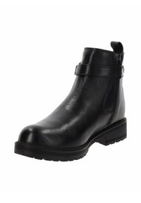 Stivale ankle in pelle nera con punta tondeggiante, zip laterale e una piccola fascia alla caviglia. Finitura testurizzata con suola in gomma.