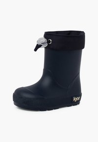 Stivale da pioggia in gomma blu navy con suola testurizzata, forma cilindrica e un risvolto in tessuto nero bloccato da un cordoncino con un ferma-cordone trasparente.