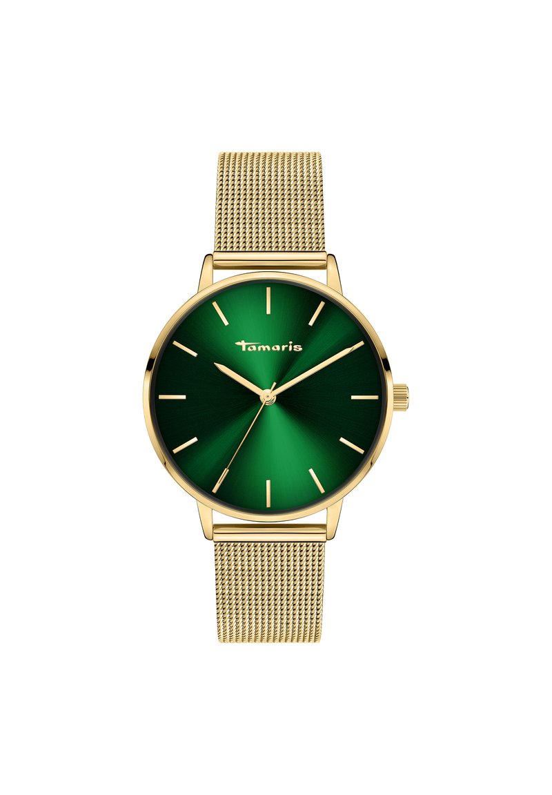 Goldfarbene Mesh-Armbanduhr mit grünem Verlaufszifferblatt, minimalistischen Stundenmarkierungen und dem Markennamen "Tamaris", der über der Mitte angezeigt wird.