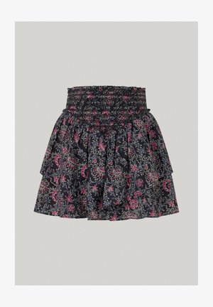 Blumenmuster Minirock mit elastischem Bund, ausgestattet mit geschichteten Rüschen aus dunklem Stoff. Die Farben umfassen Marineblau, Pink und Grün.