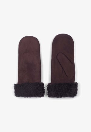 Brown suede mittens with a soft, fuzzy black shearling cuff. Features a single compartment for fingers and a smooth exterior.