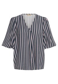 Bluza bleumarin cu dungi verticale multicolore, design cu decolteu în V, mâneci scurte bufante și croială lejeră. Material ușor, cu textură moale.