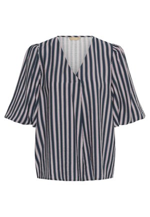 Granatowa bluzka z wielokolorowymi pionowymi paskami, dekolt w serek, krótkie bufiaste rękawy i luźny fason. Lekka tkanina o miękkiej fakturze.